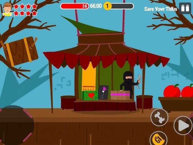 New Market Ninjas gameplay screenshot showing ninja hiding behind a saree stall